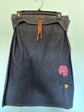 Women's Dark Denim Midi Skirt with Pink Floral Embroidery